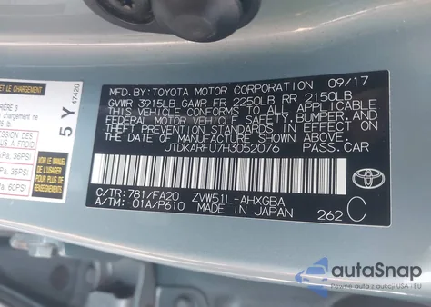 2017 Toyota Prius Three z USA, uszkodzony, nr VIN JTDKARFU7H3052076